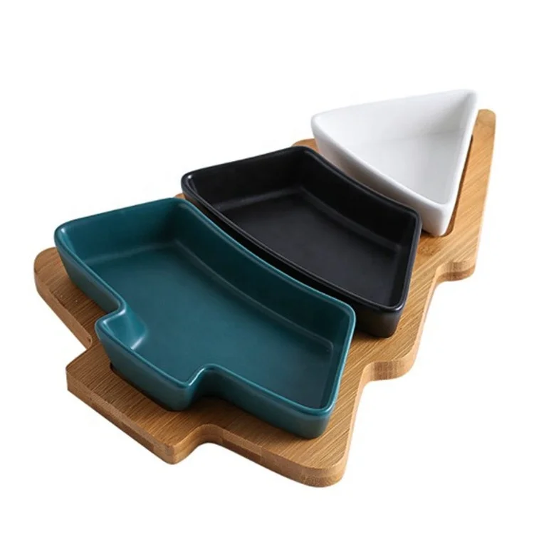 

Custom Christmas Tree Shape Ceramics Serving Tray Eco Friendly Wooden Plate For Dish, Natural color