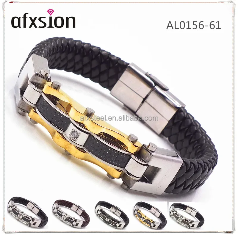 

AFXSION high quality European fashion men's mosaic zircon stainless steel leather bracelet jewelry wholesale, Picture