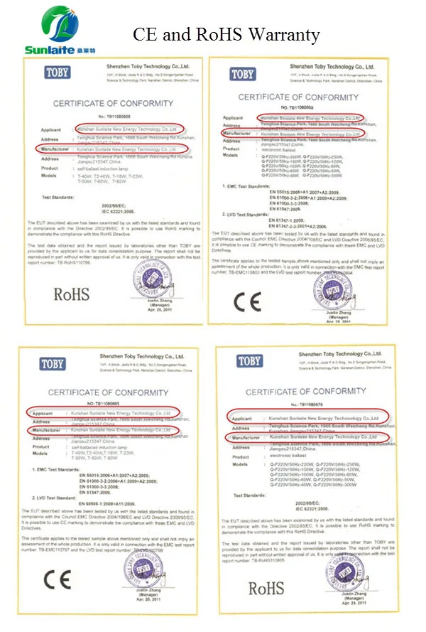 Sunlaite CE and ROHS Certificates Picture
