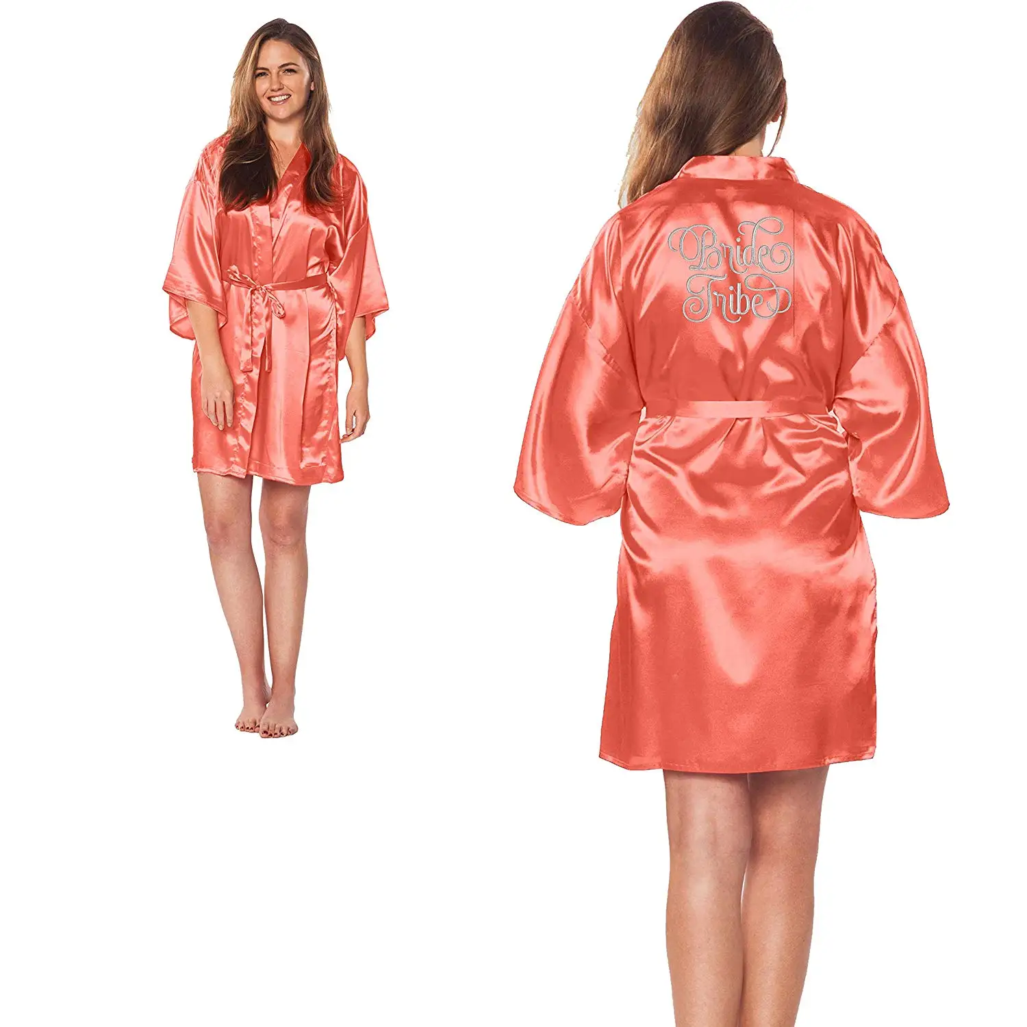 Custom Apparel R Us Bride Tribe Silver Embroidered Wedding Bathrobe Satin Robes Bridal
