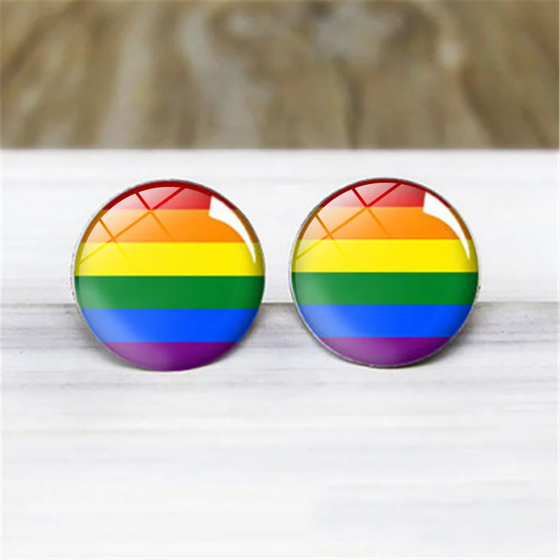 

Silver Gay Pride Glass Cabochon Glass Photo Stud Earrings Rainbow Flag Gay Jewelry Earrings for Women, As picture