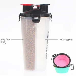 Image of 2018 2 in 1 Portable Dog Travel Food Cup Dog Water Bottle with Silicone Collapsible Bowl