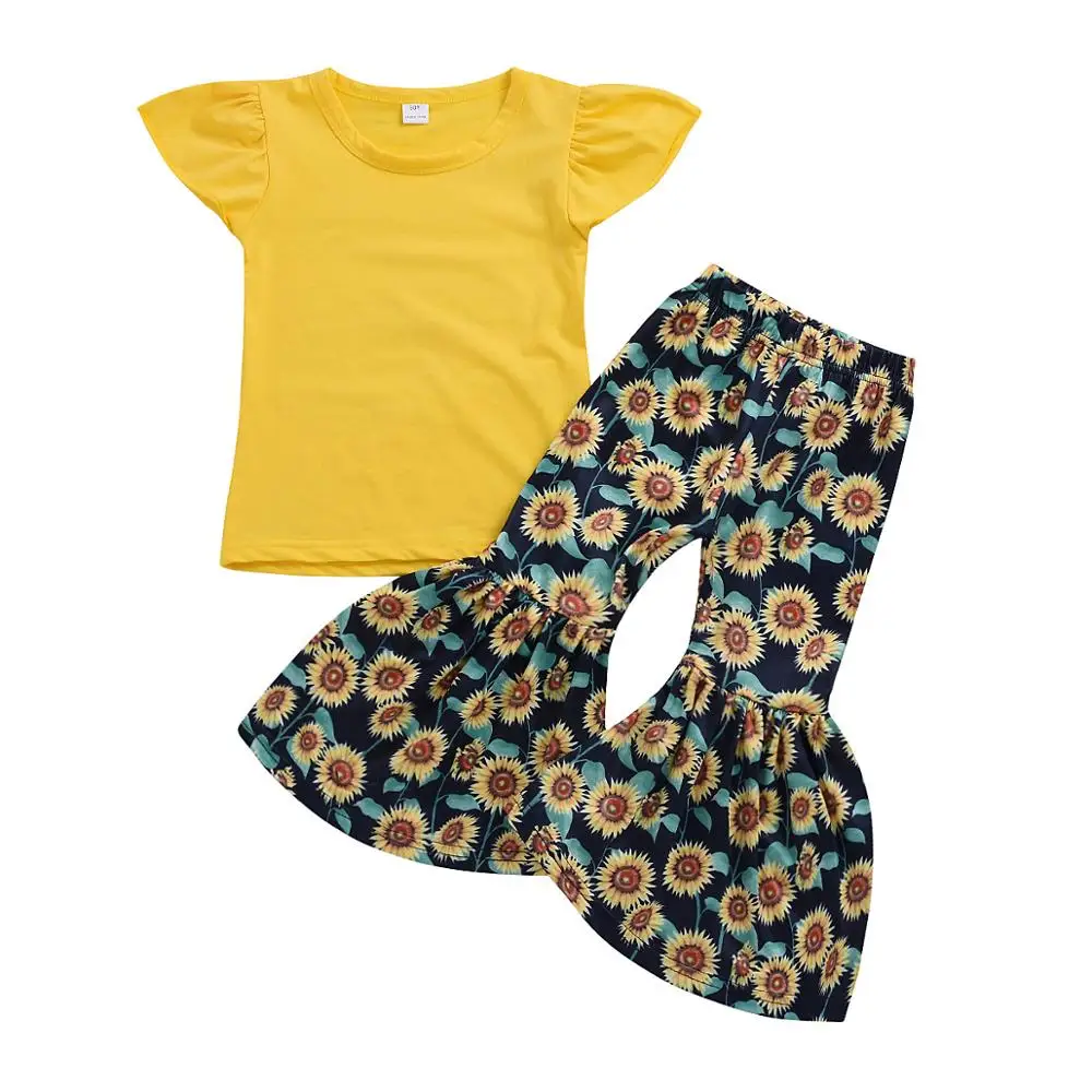 

Kids Baby Girls Summer Clothes set girls Ruffles Yellow T-shirt Top Sunflower Flared Pants Bell bottom 2PCS Clothing set, As picture