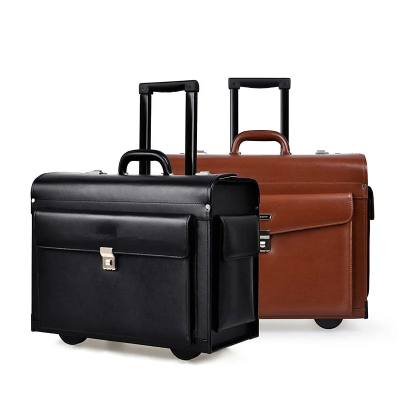 

Factory wholesale 16"/18"/19" 2 wheel boarding case men pilot suitcase trolley suitcase PU leather travel luggage, Black brown