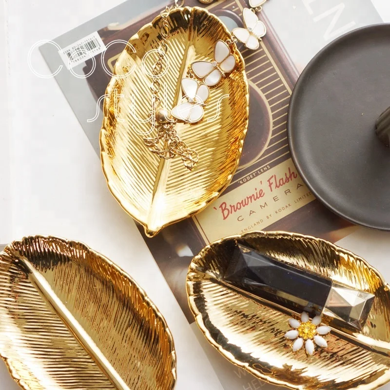 

Cocostyles super premium bone china 14k real gold plating leaf shape dish for european royal style jewelry dish or gift set, Personlized