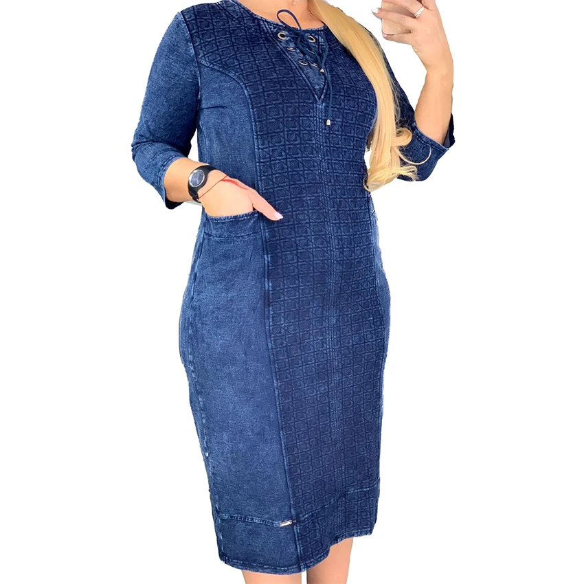 2020 New Women Clothing Plus Size Blue  Plaid Loose Denim Pencil Skirt Round Neck Lace Up Three Quarter Long Dress