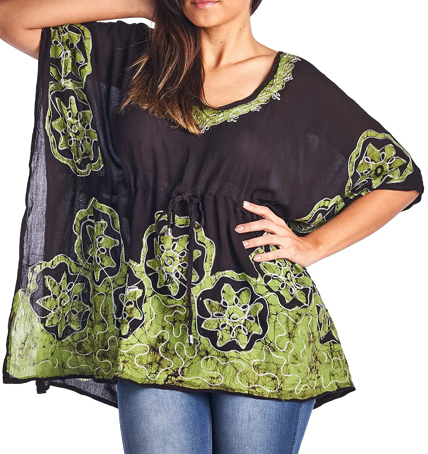 NEW EAONPLUS EMBRODERED GREEN BATIK PRINT KAFTAN TUNIC TOP BEACH WEAR PLUS SIZE
