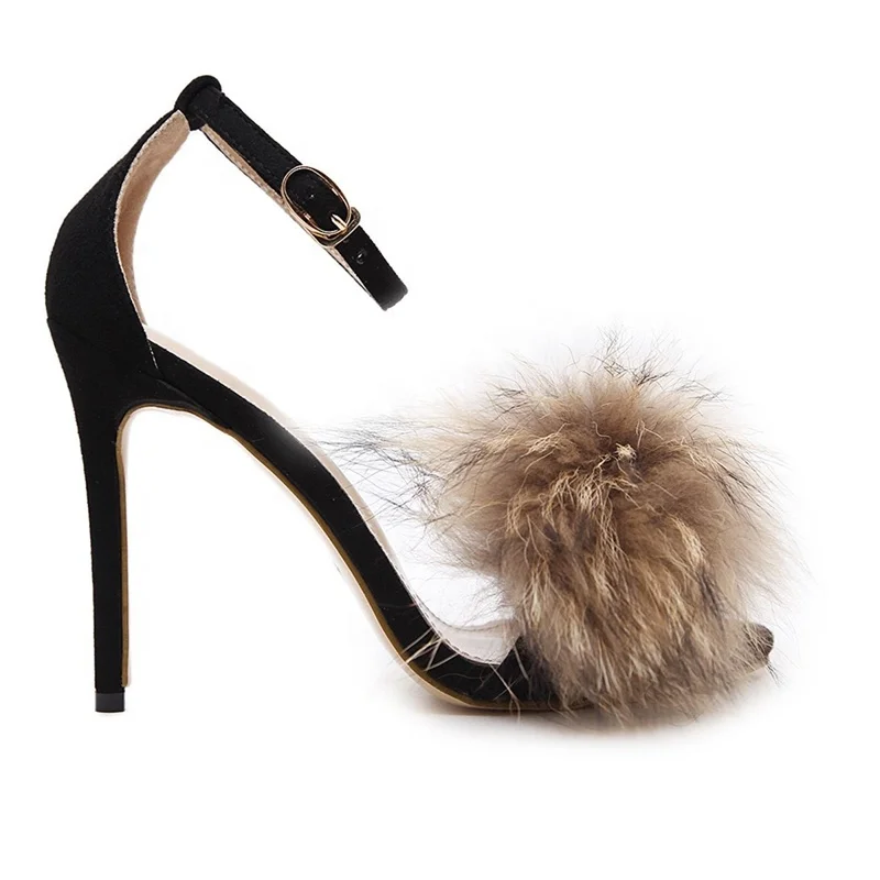 

New Customized Ladies ESCARPINS CLASS DAIM sandals furry ankle strap round toe stiletto women high heel sandals, Black