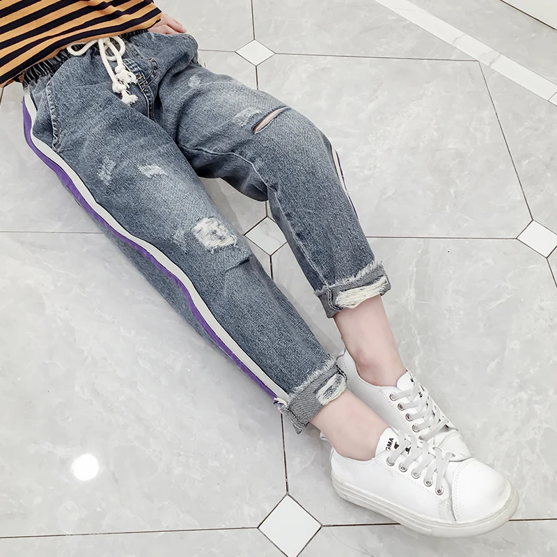 
High Quality Girls Spring Long Pants Denim Pants Kids Popular Loose Casual Stripes Jeans 