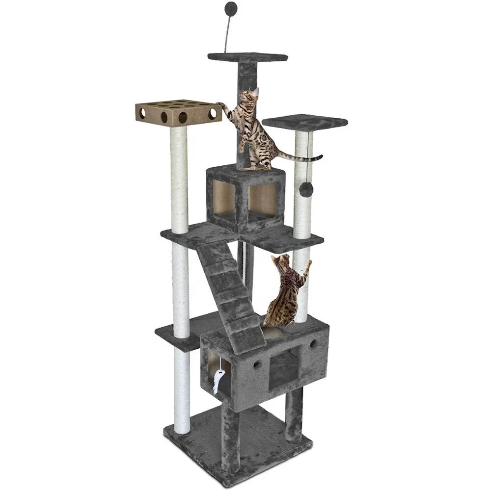 

New Luxury Pet Product Jumping Climbing Cat Scratching Tree With House, Burgundy, dark grey,beige or customized