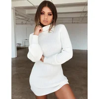 

Casual Turtleneck Knitted Sweater Dress Women White Long Sleeve Sexy Mini Bodycon Dress Female Autumn Winter Warm Dresses