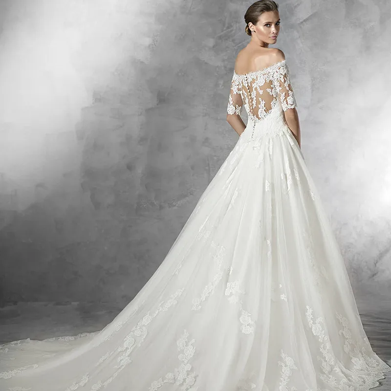 

Long Gorgeous Luxurious High Quality Lace Sexy Off-Shoulder Floor-Length Wedding Dress, White