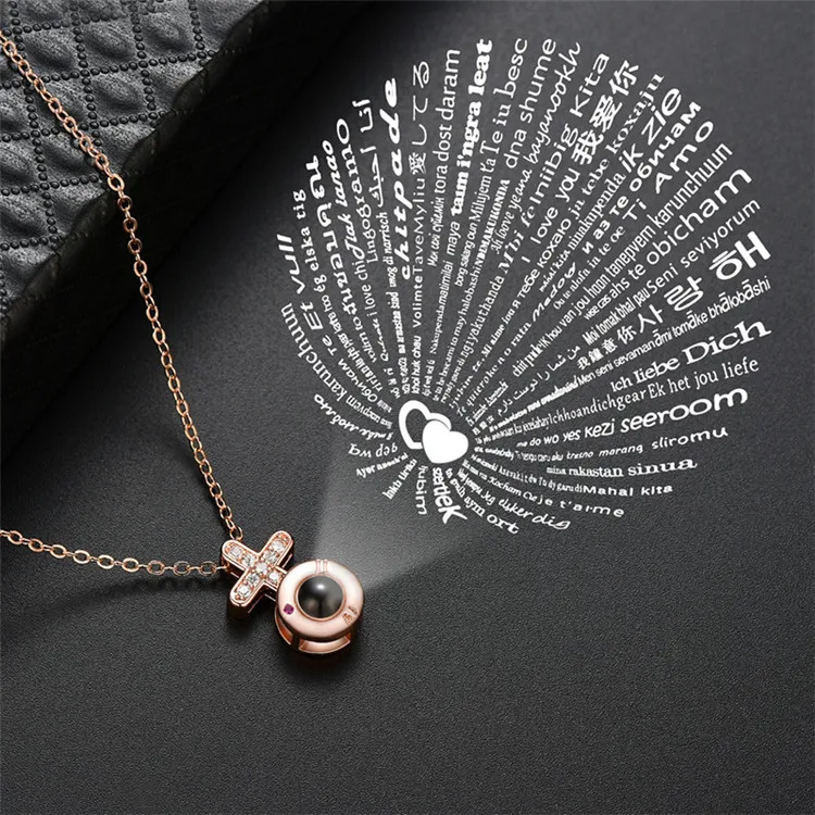 

New Design Women Fashion Necklaces Jewelry Gift Projection Hundreds Language I Love You Initial Gold Crystal Necklace, As show