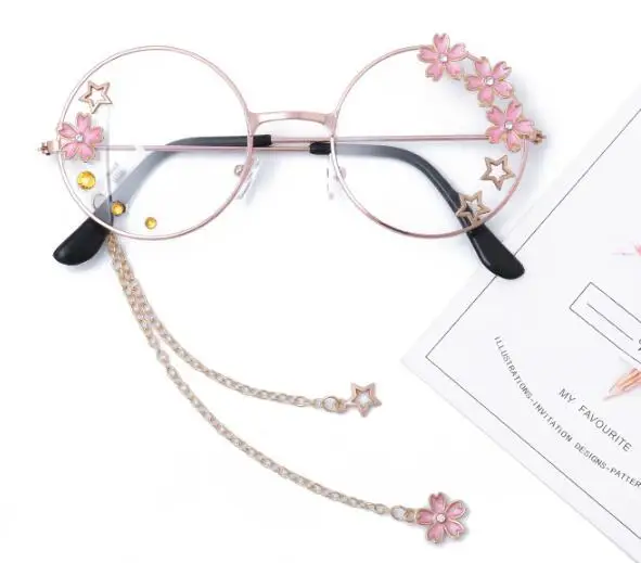 

Wiipu Cute Sakura Pendant Clear Optical Glasses Frame Women Round Girls Retro Eyeglasses Gothic Handmade Eyewear Glass