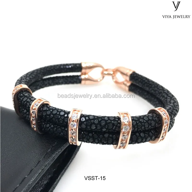 VSST-15 Genuine black stingray leather bracelet with rose gold clasp ,real silver bracelet for man (1).JPG