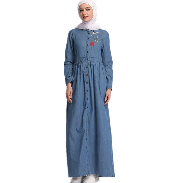 

Newest Women Islamic Modesty Button Open Turkey Jeans Abaya Embroidery Flower Maxi Denim Dress, Blue