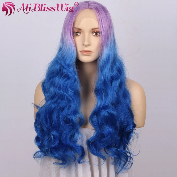 

Colorful 22 Long Natural Wavy Heat OK Fiber Hair Middle Part Purple Roots Ombre Grey Blue Two Tone Front Lace Synthetic Wig