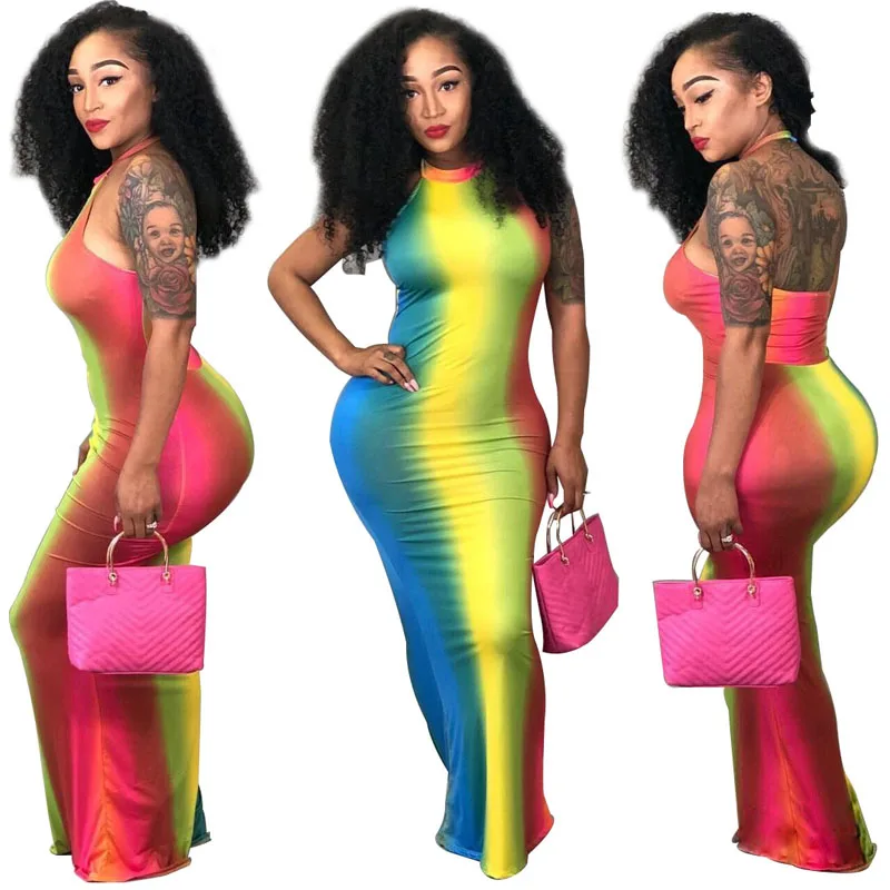 

Bohemian Open Back Summer Colorful Print Halter Maxi Dresses, Red. green, blue