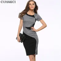 

High Quality Women Fashion Elastic Short Sleeve Patchwork Knee Length Official Plaid Dress Plus Size