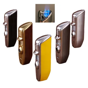 Red Wood Grain Color Customized Laser Logo Refillable Cigar Torch Lighter with Punch Cutter