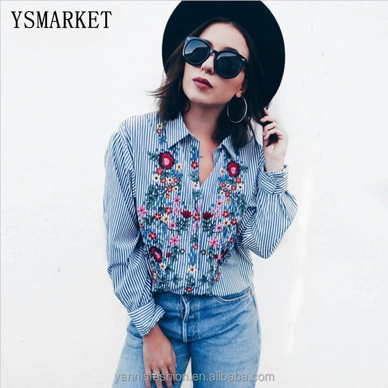 

Women Floral Embroidered Casual Blouse Autumn Long Sleeve Striped Shirt Floral Tops Fashion E1133