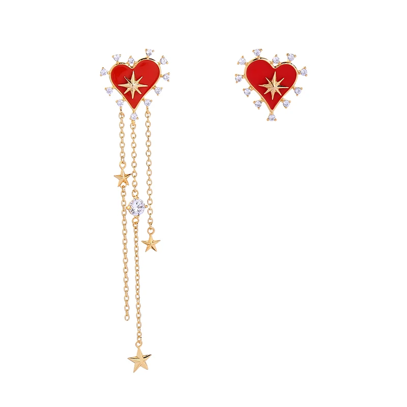 

925 Silver Post Luxury 18k Real Gold Plated Crown Drop Christmas Dangling Stars Enamel Red Heart cubic zirconia Earrings