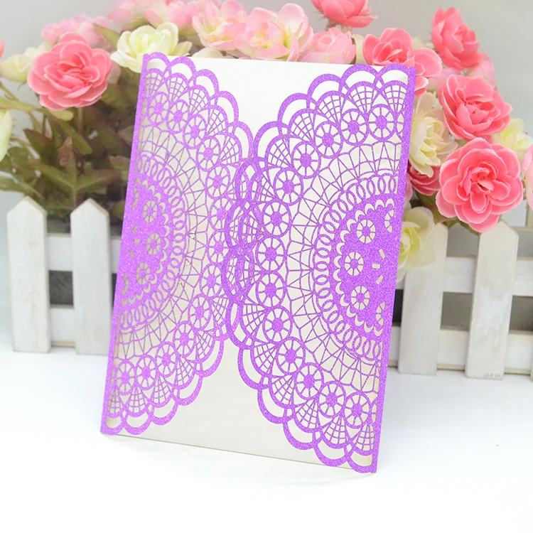 Exquisite glitter paper laser cut lilac wedding invitations