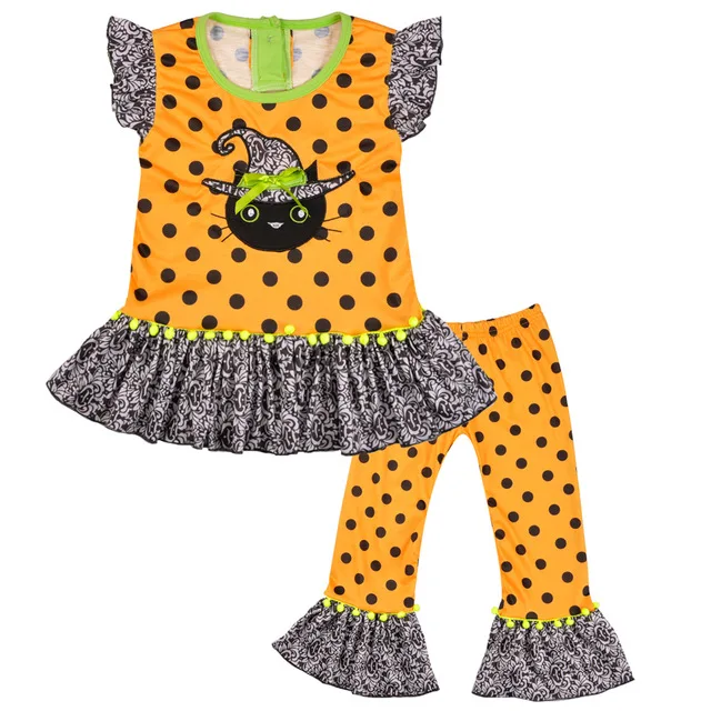 

Halloween Black Cat Pattern Baby Clothing Summer Cotton Ruffle Pants Boutique Remake Children Clothing Sets, As the pic show