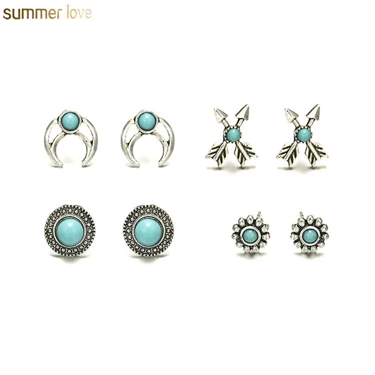 

4PCS /Lot Boho Vintage Silver Plated Star Moon Heart Cross Shaped Small Turquoise Stud Earrings Set For Women Jewelry