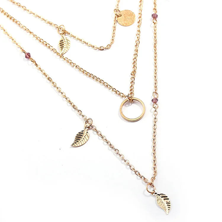 

wholesale Europe America fashion simple metal circle gold coin leaf crystal multi layer pendant necklace