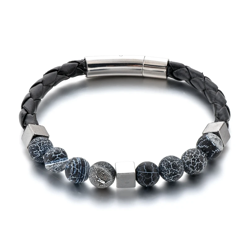 

Trendy Natural Lava Stone Bracelet Alloy Cubic Accessories Men Charm Leather Bracelet, Same as picture
