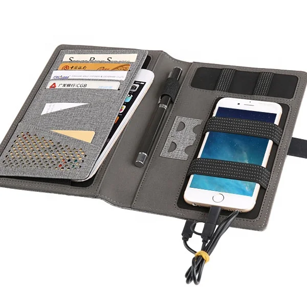 
b5 a5 smart phone holder faux leather organizer portfolio with power bank 