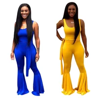 

A075195 hot sale summer sleeveless suspender solid color belt flared pants woman casual jumpsuit