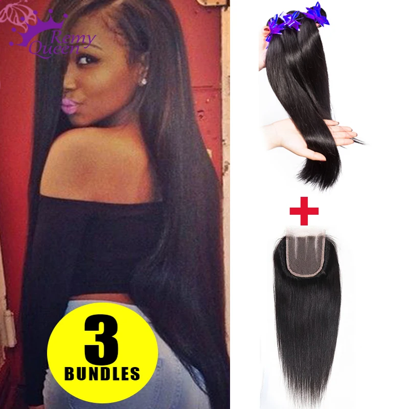 Brazilian Virgin Hair Closure 3 Bundles With Closure Brazilian Hair Straight Closure Human Hair Weave Bundles