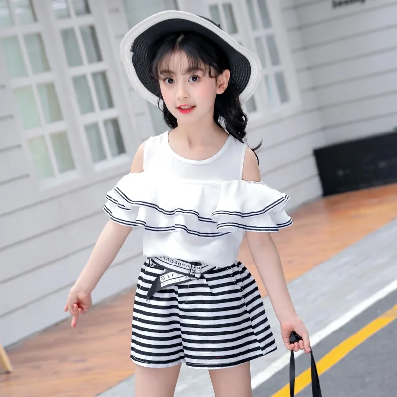 

2018 baby girl chiffon t-shirts short pants clothing sets for kids, Yellow/white