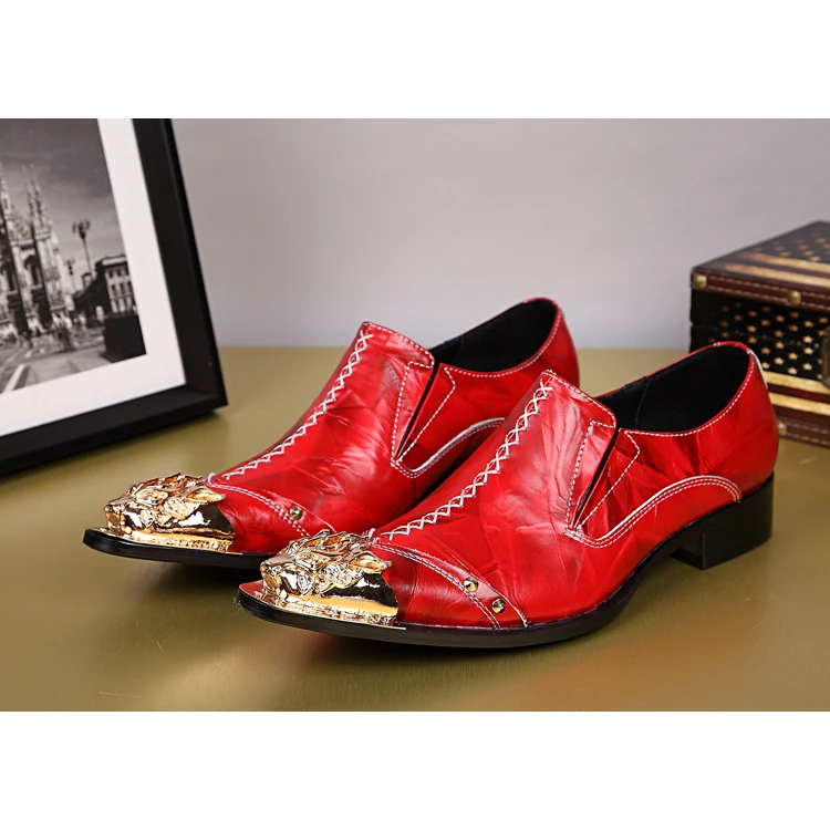 

NA046 Korean Style Men Dress Shoes Metal Pointed Toe Oxfords Shoes Men Red Leather Loafers Shoes