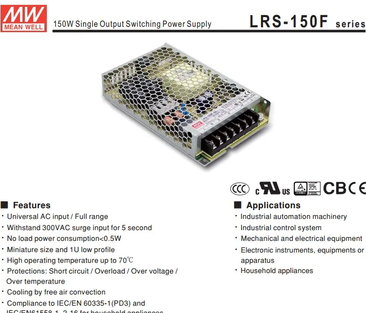 Mean Well LRS-150-36 Switching Power Supply 150W 36V 4.3A - AC/DC Single Output With Protections