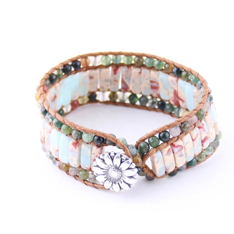 

Wholesale Women Energy Beaded India Agate Bracelet Handmade Square Natural Stone Wrap Bracelet