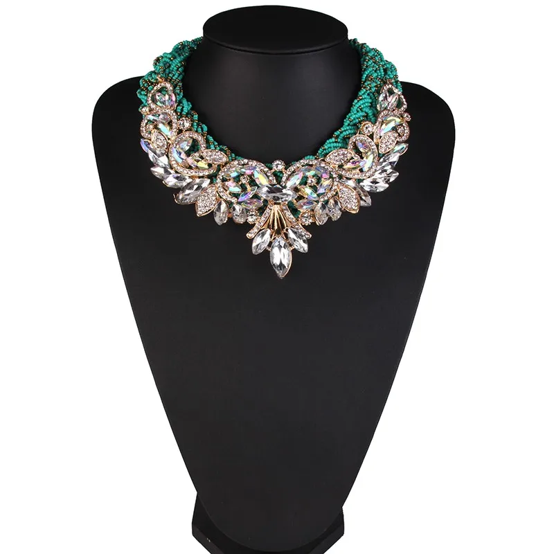 

Dvacaman exaggerated green rope crystal flower luxury Vintage Maxi Rhinestone Jewelry statement necklace