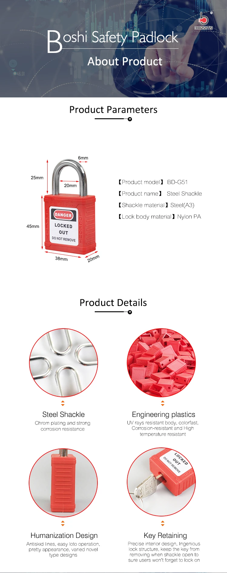 BOSHI 25mm Shackle Length Small Safety Padlock With Shackle Insulation