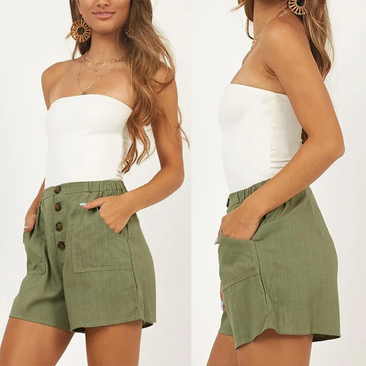 

Summer Wear Linen Women Button Shorts Elastic Waist With Pockets