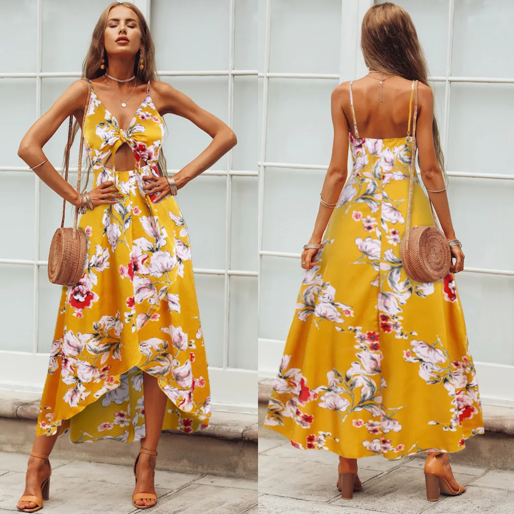 

2019 Summer New Print Flower Irregular Long Skirt Sweet Split Chest Knotted Bohemian Beach Dress