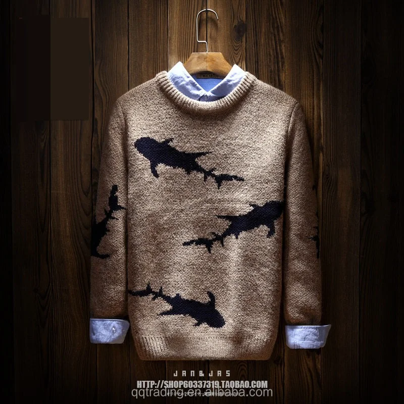 

New Fasion Round neck Shark carton 100% acrylic men's woolen fancy model sweater design for men, As picture