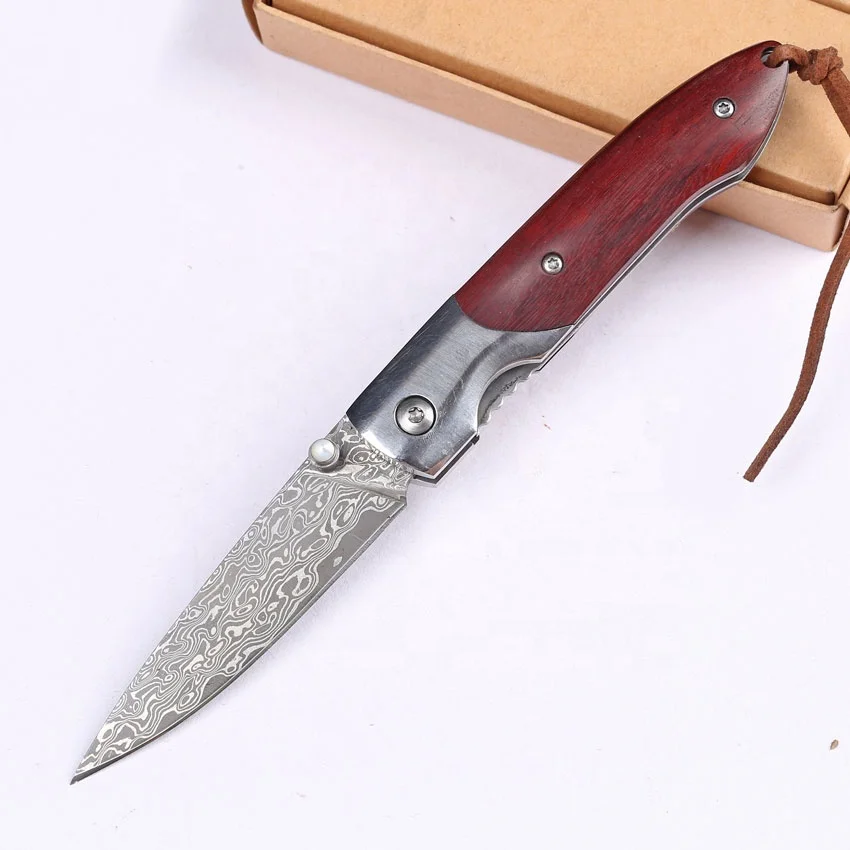 

Wood Handle Custom Hand Made Wholesale Damascus Steel Folding Knife, Red