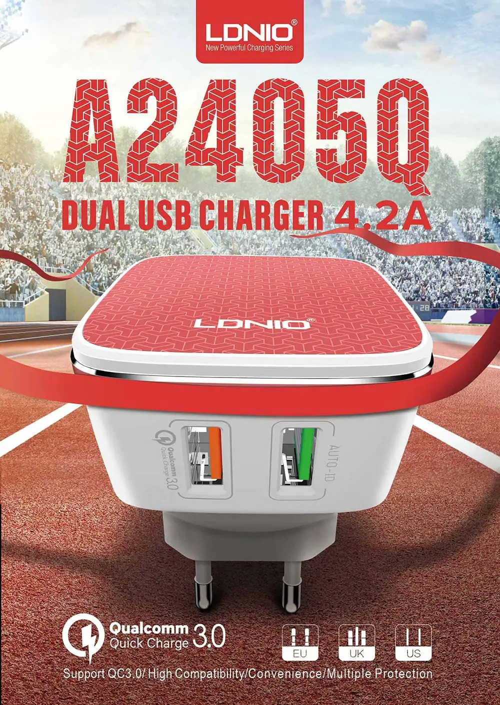 LDNIO mobile dual usb charger 5V 4.3A Quick Charge Universial QC 2.0 usb charger A2405Q