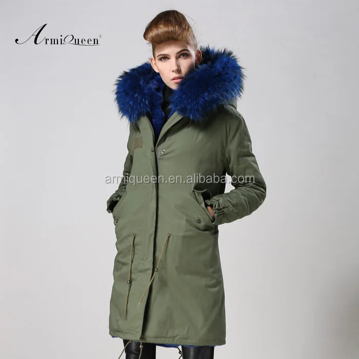 

Factory Price Ladies 2017 Dark Blue Faux Fur Lined Military Green Raccoon Hooded Long Jacket Coat, Wholesale Winter Womens Parka, Picture and customized