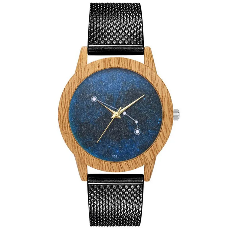 复古木纹案例明星天空拨号网格带女士手表