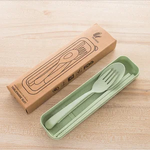 Wheat Straw 3-Piece  Chopsticks Spoon Fork Set With Box Portable Tableware for Picnic