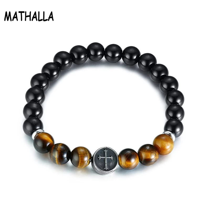 

Ancient Silver Alloy Cross Accessories Tiger Eye Stone Carnelian Elastic Beaded Bracelet For Men Male