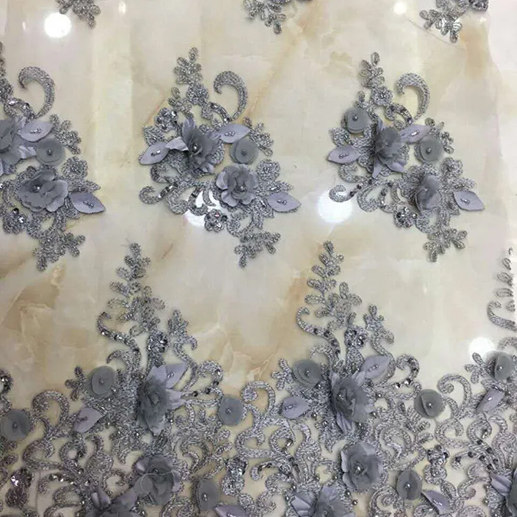 African high quality textile with pearl 3d flower tulle lace fabric beads bridal for wedding dress